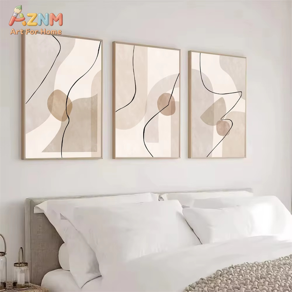 Interior Designer - 抽象的なベージュの幾何学模様のラインウォールアートキャンバス絵画、ボヘミアンポスターとプリント、モダンなリビングルームインテリア、家の装飾