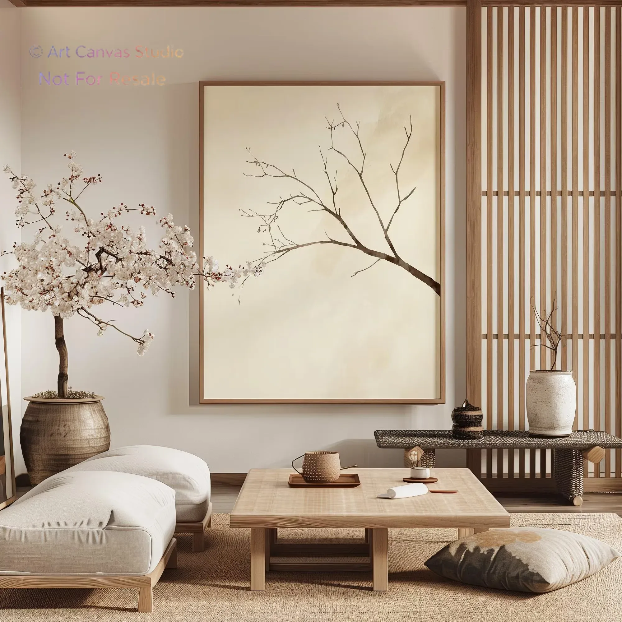 Interior Designer - インテリアウォールアート、侘び寂び、和風の木のデザイン、大型抽象ウォールアートポスター、ベージュのアート、モダンな家の装飾。