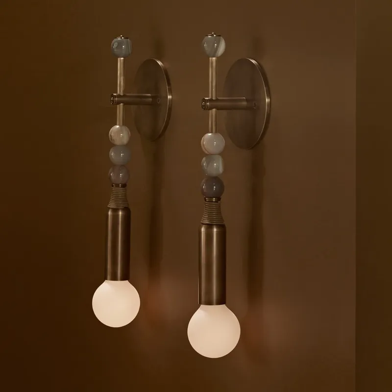 Interior Designer - 北欧ヴィンテージ風インテリア装飾デザイン、リビングルーム、寝室、ホテルのベッドサイドライト、真鍮製ストーンガラスシェードウォールランプ