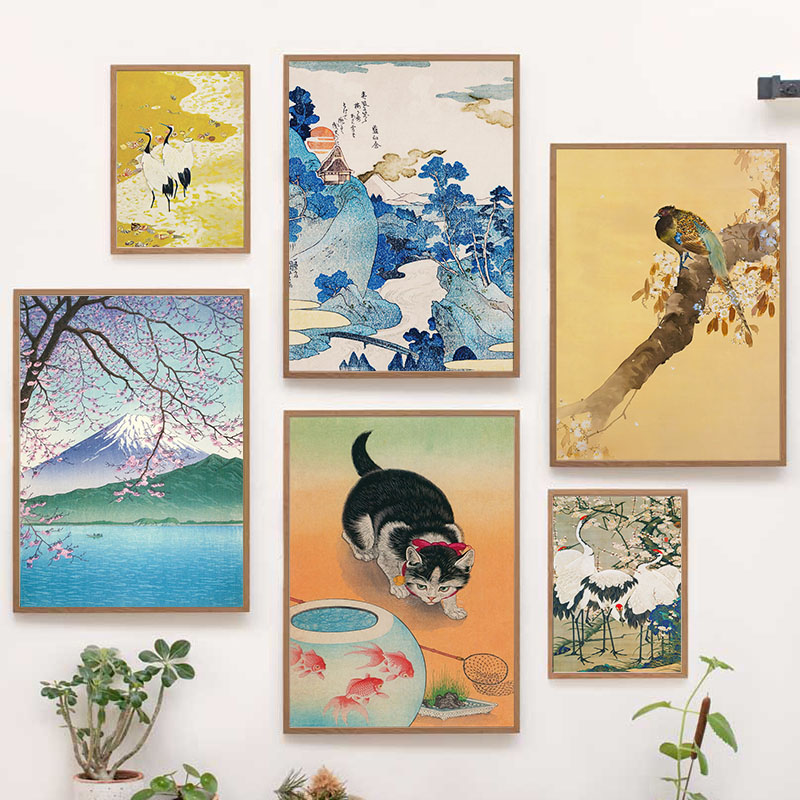 Interior Designer - 日本の葛飾北斎キャンバス絵画ウォールアートポスタープリント富士山鳥の絵部屋のインテリア家の装飾クアドロス